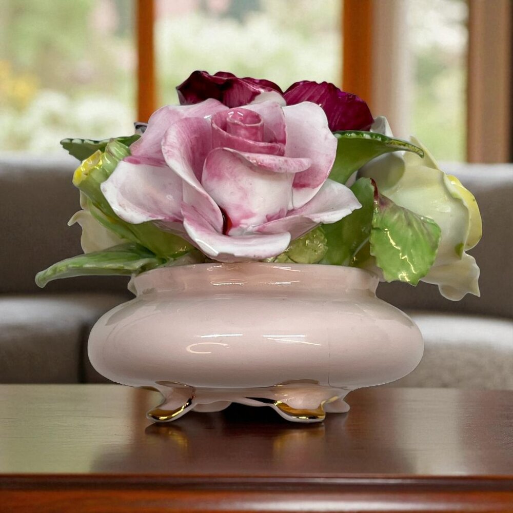 VTG Royal Adderley England Bone China Flower Rose Bouquet In Footed Bowl 2.5"
